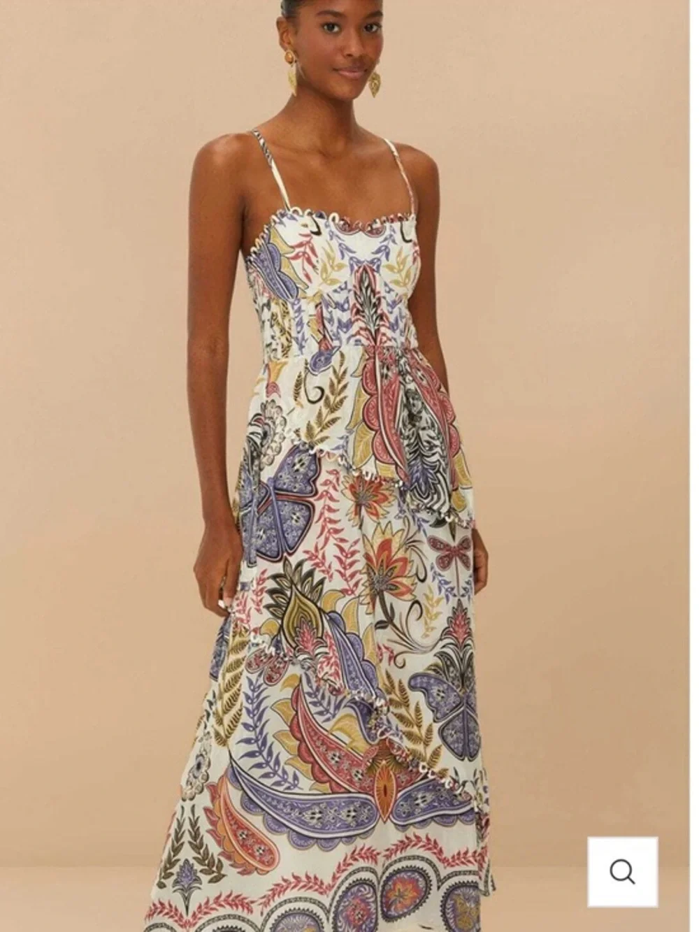 FARM RIO Off-White Boho Glam Loopy Trim Maxi Dress